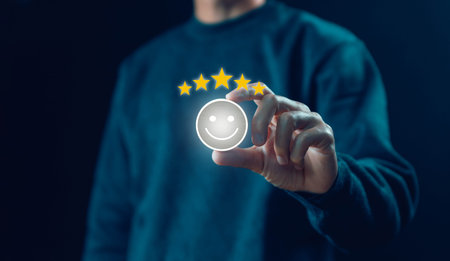 5-star rate review of client icon happy smile. satisfaction survey concept best feedback customer...