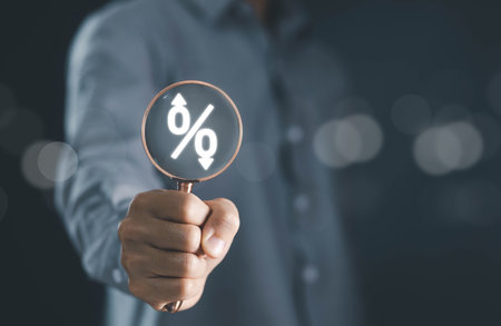 percent icon. interest rate rises high or decreases. concept of interest bank, debt, tax, and loan percentage. inflation increases economic, and business profit growth or low-downの写真素材