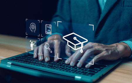 e-learning icon on a virtual screen in a laptop. concept learning,  training digital online, and course education. webinar technology, library on the internet website, lesson learning e-bookの写真素材
