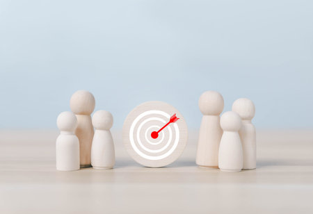 wood block people show the target icon, focus goal strategy to success invest objective and growth of the company. concept of business plan digital business growth. manager vision performanceの写真素材