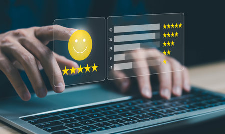 icon happy smile, 5-star rate review of client, best feedback customer. satisfaction survey concept in service of the user on a website digital online. experience positive with business top qualityの写真素材
