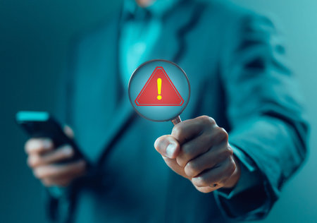 magnifying glass shows a warning sign of system failure. concept notification a spam, risk of...