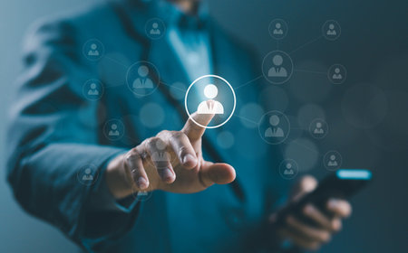 network links worldwide, company service to recruit customers and hire. concept of HR, human resource management, recruitment process managing people, business on technology digitalの写真素材