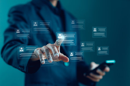 human resource manager, HR. concept of recruitment process manage people and business on technology digital, company service to recruit customers, network links worldwide hiringの写真素材