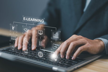 lesson learning e-book, e-learning icon on a virtual screen in a laptop. concept training digital...