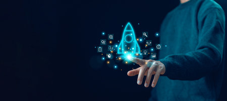 startup entrepreneurship, idea of leadership plan development business projects, launch rockets start flying up. concept of digital technology network line connection, strategy startup growth.の写真素材