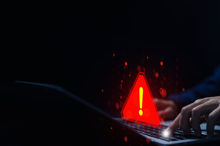 a computer is attacked, leak of software data. cyber error symbol warning sign of system failure in the laptop. concept risk of website technology digital online, notification spam, caution dangerの写真素材