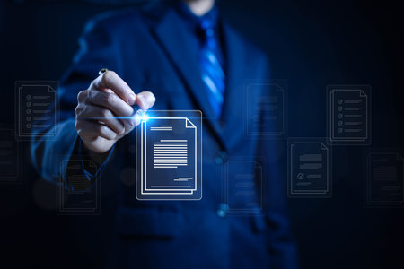 business paperless. businessman manages data on a laptop, document files digital electronic. concept Enterprise Resource Planning system or ERP is software for management recorded in a Databaseの写真素材