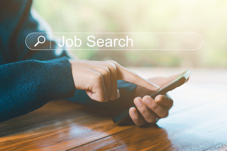 search for jobs on the Internet technology. job search online, finding a career from a smartphone, and business connections. concept of recruitment communication. Information gathering opportunitiesの写真素材