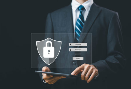 cybersecurity internet, password security, and privacy on an online system lock mark protect attacks...