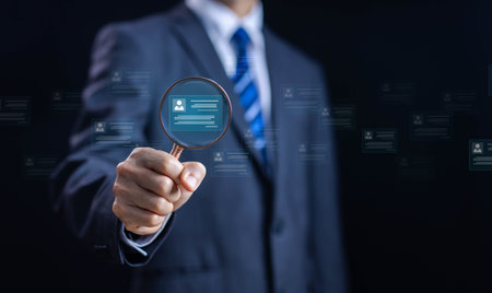 company service to recruit customers and hire, a human resource manager. concept of HR and recruitment process managing people and business on technology digital, network links worldwideの写真素材