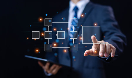 businessman show diagram algorithm flow, organigram, and hierarchy scheme. design workflow automation with flowcharts. model structure digital and data management and Business processの写真素材