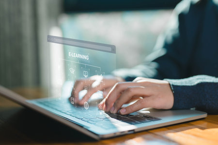 learning icon. library on the internet website, webinar technology. concept lesson learning e-book, course education, training digital online, e-learning on a laptopの写真素材