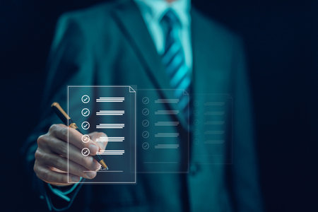 businessman signs in document electronic smart contract form agreement online technology on the...