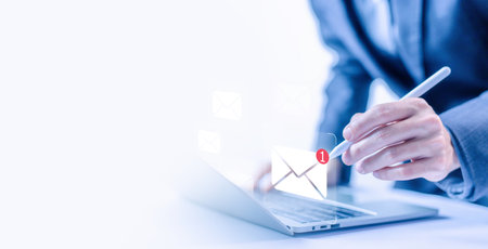 business communication contact newsletter concept. icon new email, send an information message email from the tablet. smart SMS mail on digital. marketing social media. write text on the webの写真素材