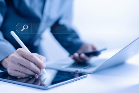search bar on the laptop and tablet. concept of keyword search engines, web browser information, SEO...