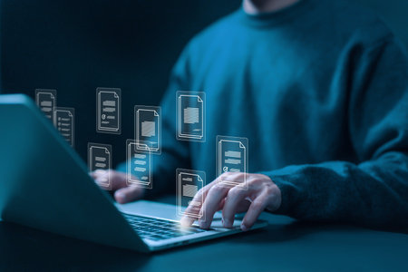 manages document data on a laptop. concept of document files digital electronic, business paperless....
