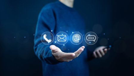 contact us concept. hand show icon ( address, phone, email, mobile, call ) contact customer support....