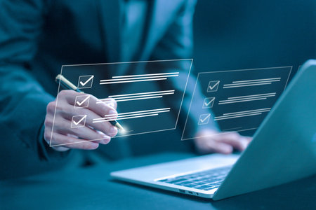 businessman's signature in the form of agreement smart contract agreement bank on a laptop. concept of signature digital online technology business, transaction signs document electronicの写真素材