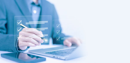 businessman's signature in the form of agreement smart contract agreement bank on a laptop. concept of transaction signs document electronic, technology business. signature digital onlineの写真素材