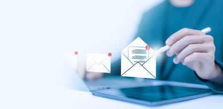 icon opens a new email. send an information message email from the tablet. smart SMS mail on digital. business communication contact newsletter concept. marketing social media. write text on the webの写真素材