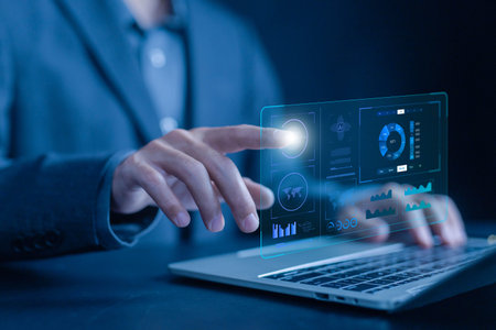 analyst manages the system database reports analyzes data plans and shows a dashboard chart on the...