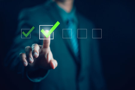tick check mark in a checklist. concept of online list questionnaire, report, and evaluation. a checkmark in the document survey, form audit, and certificate digital, process of auditの写真素材