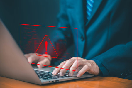 caution of spam in website digital technology, error 404 alerts on a laptop. concept of warning symbol or attack cyber, security notification. warn failure of the computer, danger from network mistakeの写真素材