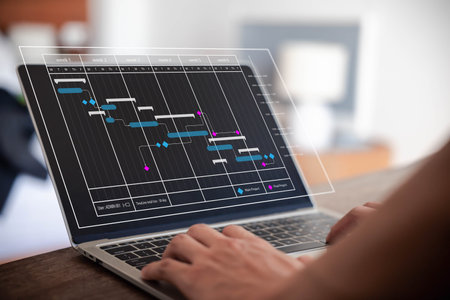 Milestones management shows a Gantt timeline chart. Concept of managing business project plans in software, organizing schedules in digital calendars. progress planner, work update, diagram designの写真素材