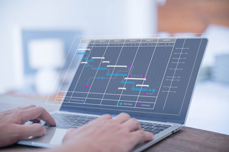 Milestones management shows a Gantt timeline chart. Concept of managing business project plans in software, organizing schedules in digital calendars. progress planner, work update, diagram designの写真素材