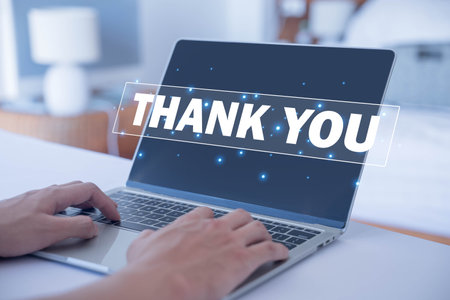 Show a text thank you from the laptop. Concept of thank you in business, Presentation in technology digital. gift of gratefulの写真素材
