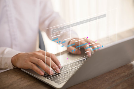 Milestones management shows a Gantt timeline chart. Concept of managing business project plans in software, organizing schedules in digital calendars. progress planner, work update, diagram designの写真素材