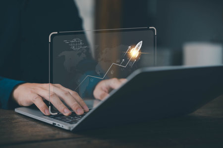 businessman launch rocket, startup concept. entrepreneurship starts with digital technology and the growth of an online business. progress of Leadership and new business successの写真素材