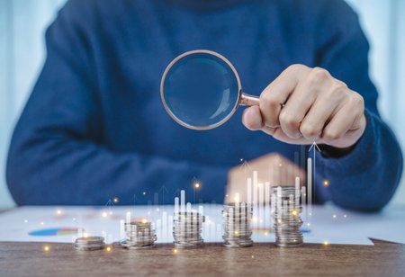 Growth coin and chart. The concept of investing in an index fund, increasing interest rate, finance and investment, and income tax. financial account. Growth money, fund bondの写真素材