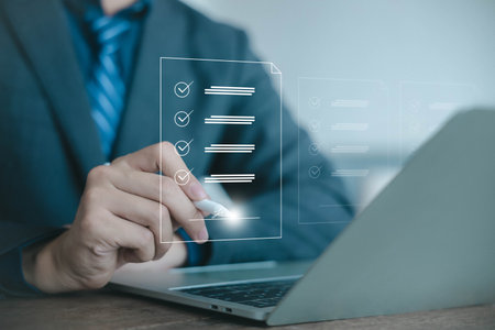 Businessman signing document paperless. concept of electronic digital signature, agreement form online, bank transaction sign, smart contract business. management document securityの写真素材