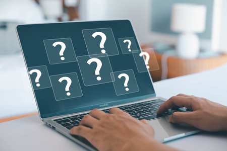 Question mark icon, query answer, challenge quiz, concept of business faq, solving problem, creative brainstorm. problem think the solution. Question mark on laptopの写真素材