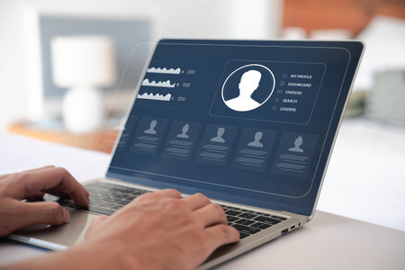 HR, human resource managers select employees using computer digital technology. concept of hiring,...