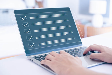 tick check mark in a checklist. concept of online list questionnaire, report, and evaluation. a checkmark in the document survey, form audit, and certificate digital, process of auditの写真素材