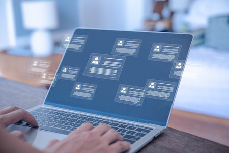 HR, human resource managers select employees using computer digital technology. concept of hiring, recruiting staff, and training in a company. leadership, executive, and employer of businessの写真素材