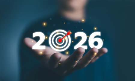 Businessman's Vision for New Year, Business Growth Arrow 2026. Future Stock Market Graph Study Concept. Investment Goals for Success in 2026, Digital Technology Companiesの写真素材