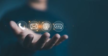 icon for call, phone, message, and email for customer service. Contact Us Concept, help from support of corporate business. Contact and communicate with clients on internet onlineの写真素材