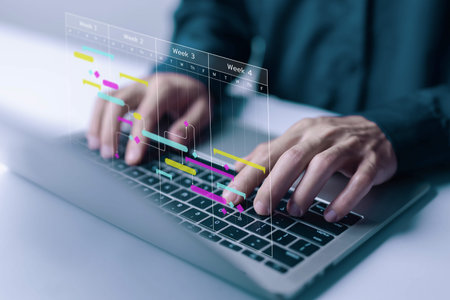 Milestones management shows a Gantt timeline chart. Concept of managing business project plans in...