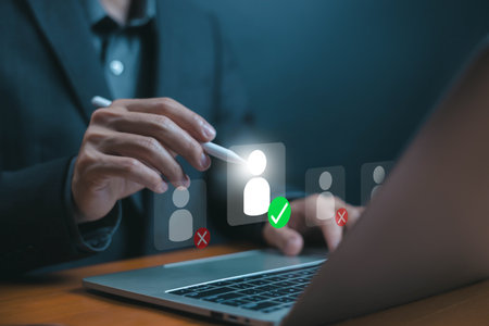 Recruitment and candidate selection concept with digital HR technology, representing hiring, employee evaluation, human resources management, and the business decision-making process.の写真素材