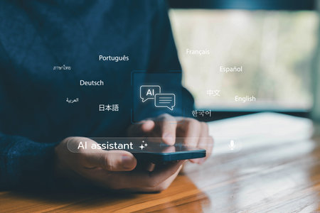 AI assistant on smartphone with multilingual translation, showing global communication in English, Spanish, Chinese, Arabic, and more for digital technology concept. assistant artificial intelligenceの写真素材