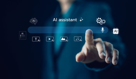 Businessman using AI assistant interface with futuristic digital icons, representing artificial intelligence technology for automation, search, and productivity in business and daily tasks. Smart AIの写真素材