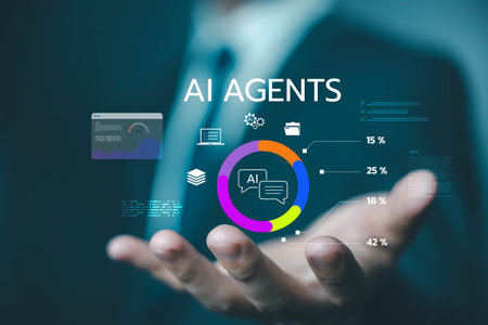 Businessman holding AI agents data analytics hologram with chart and virtual interface, representing artificial intelligence technology for automation, insights, and business strategy. AI analysisの写真素材