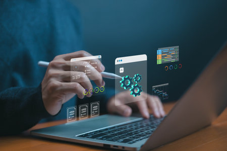 AI automation workflow concept. man using laptop and digital pen, showing artificial intelligence interface, task management, and data analysis for modern business productivity solutions. AI planningの写真素材