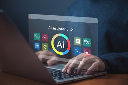 Modern AI assistant interface on laptop screen, featuring colorful icons for data, automation, digital tools, symbolizing artificial intelligence technology, machine learning, and innovation. smart AIの写真素材