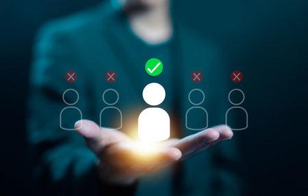 Recruitment and candidate selection concept with HR choosing the right person among applicants, symbolizing hiring, career opportunity, human resources, and employee management.の写真素材