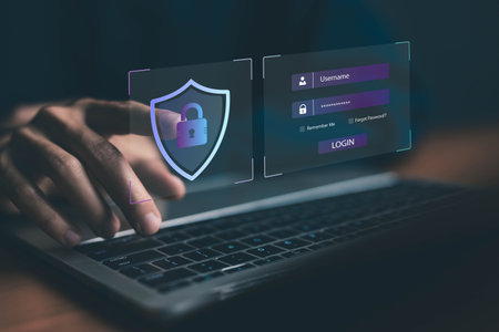 Cybersecurity concept with login screen and security shield icon, representing data protection,...